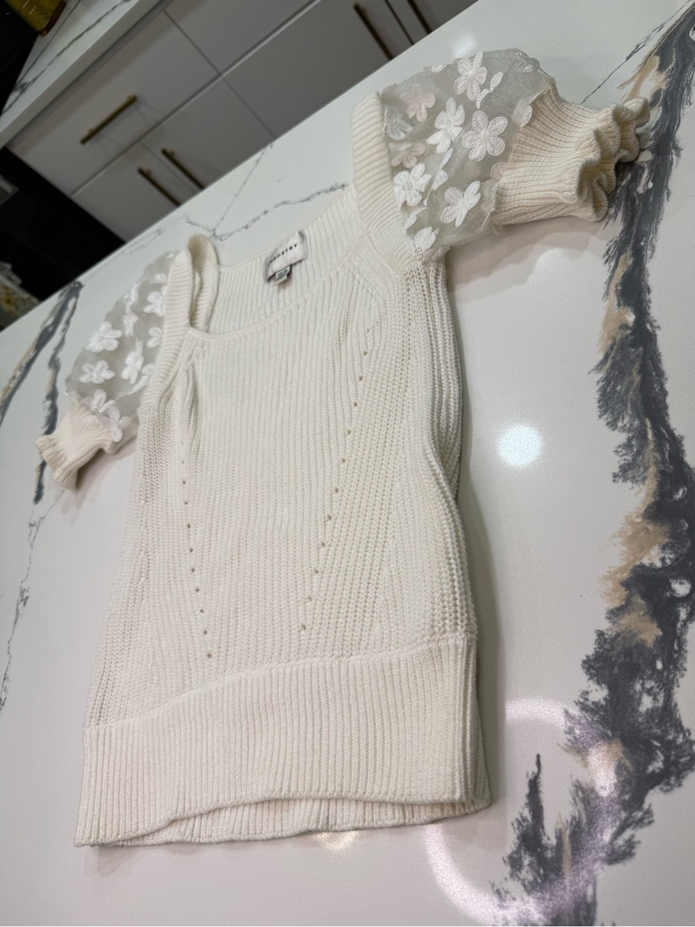 INDUSTRY Women’s Cream Square Neck Knit Top Sheer Floral Lace Puff Sleeves XS